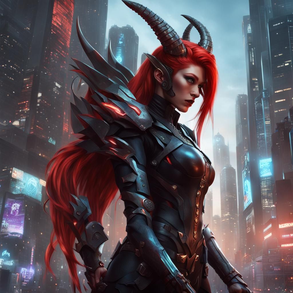 Cyberpunk Dragoness in High-Tech Armor
