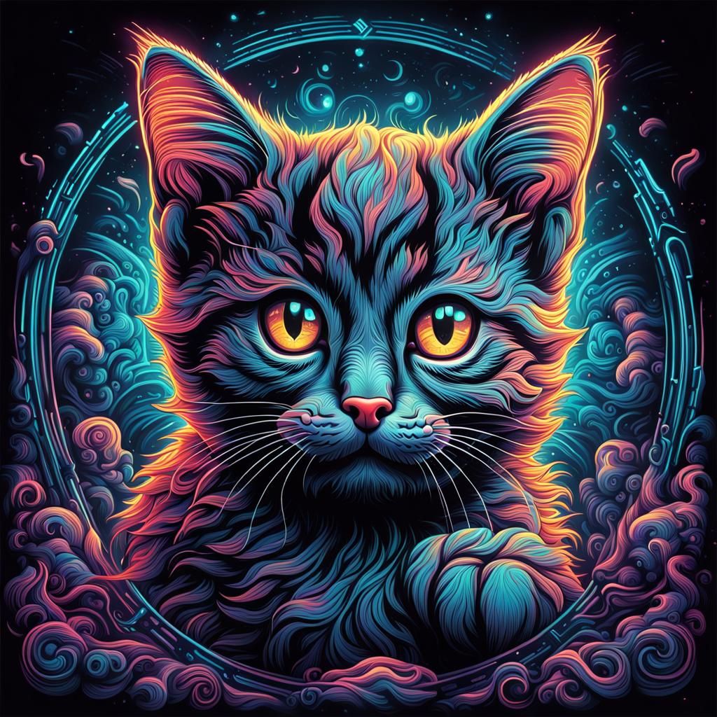 Surreal Kitten in Neon Psychedelic Glow