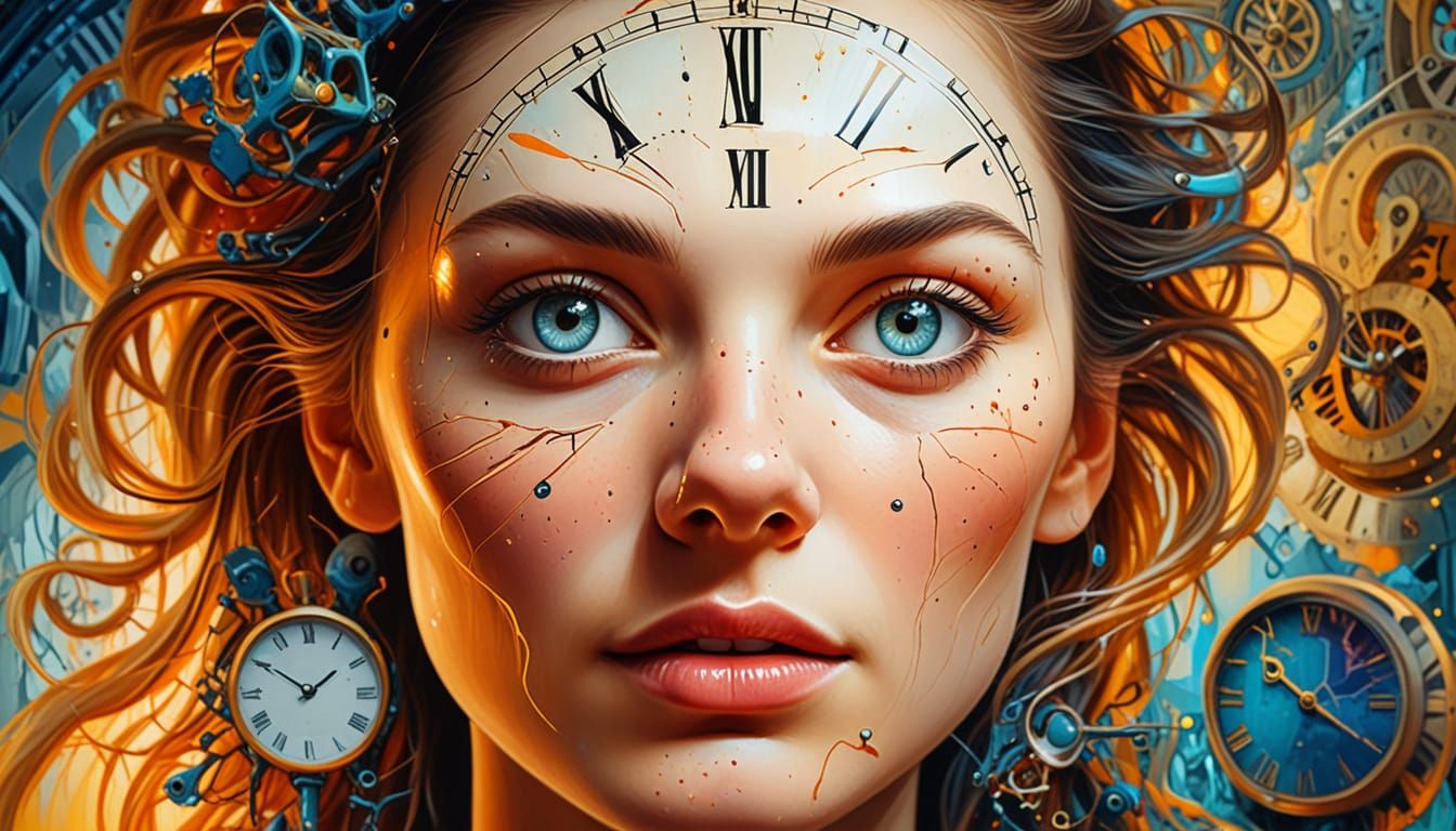 Surreal Woman's Portrait with Melting Clocks, Triadic Colors