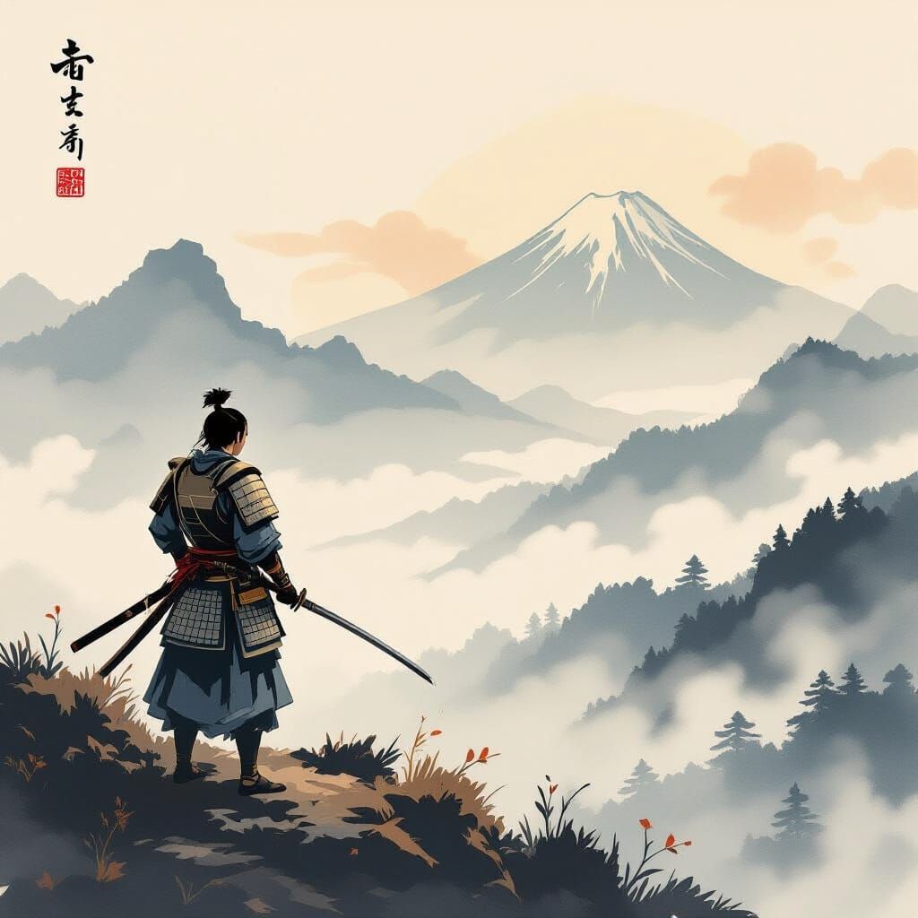 Samurai on Windswept Peak in Japanese Art Style