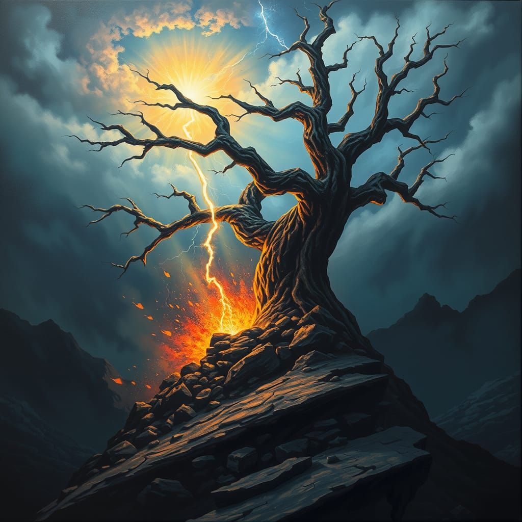 Ancient Tree Shattered by Lightning in a Gothic Stormscape