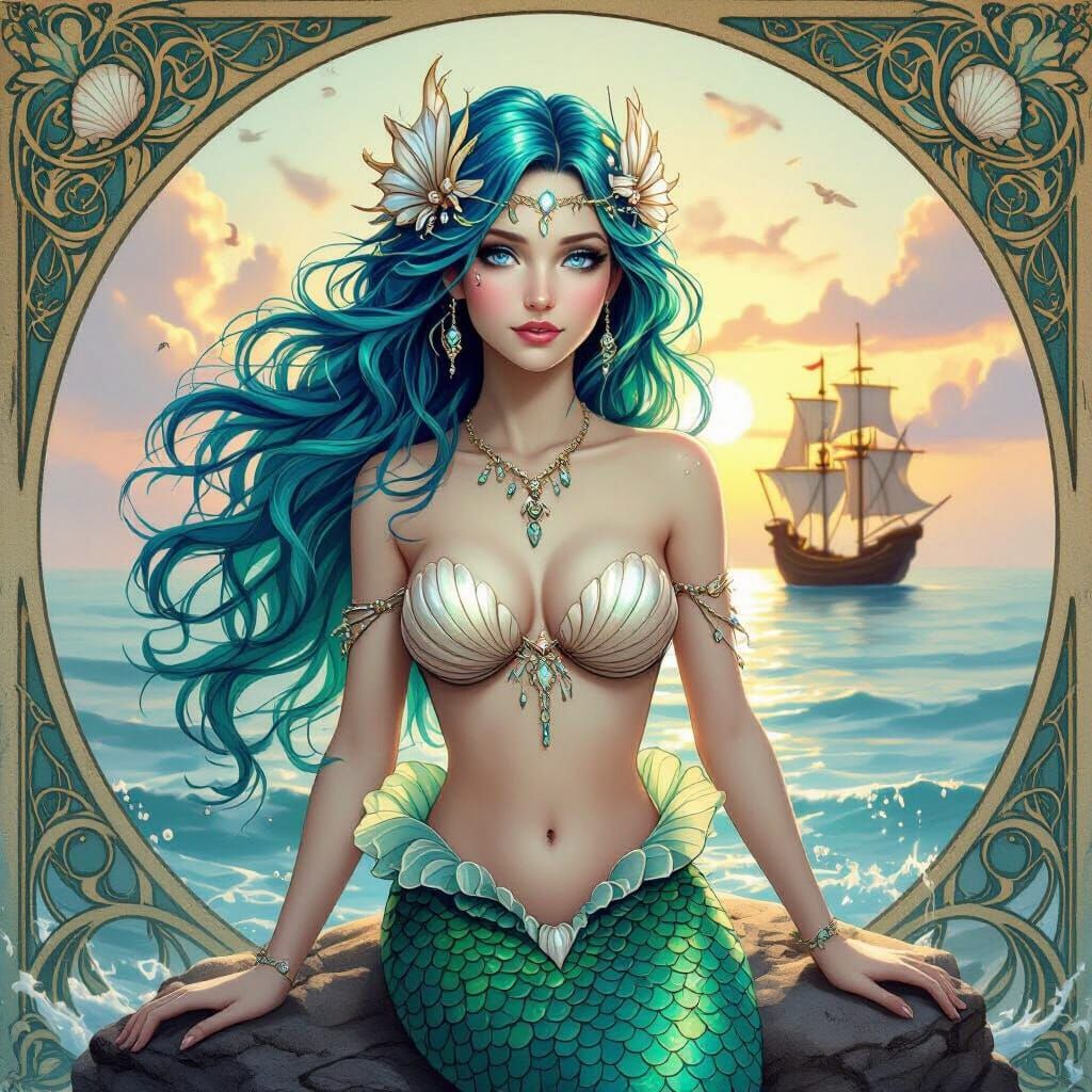 Mystical Mermaid Perched on Rock at Sunset