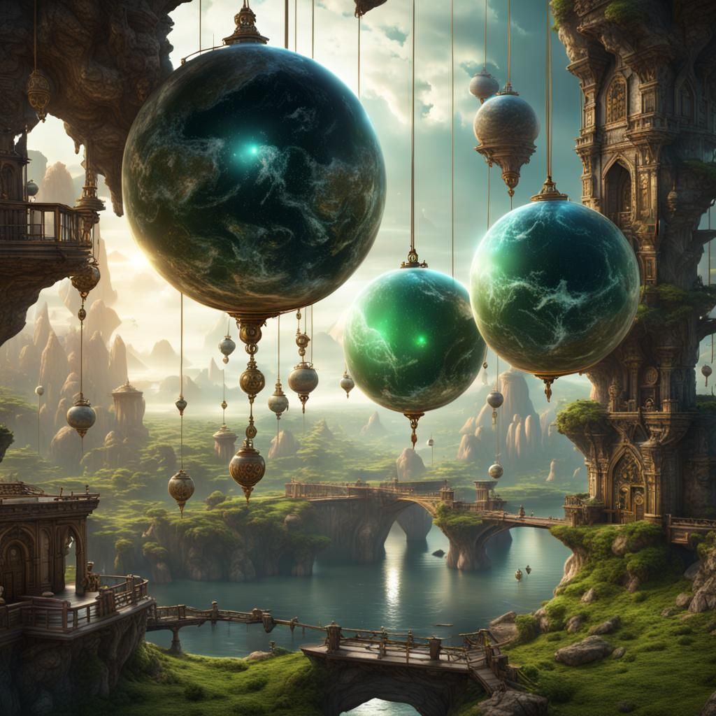 Surreal Cosmic Landscape with Hanging Green Villages