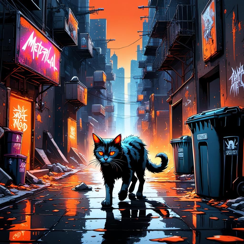 Cyberpunk Alley Cat Under Neon Lights