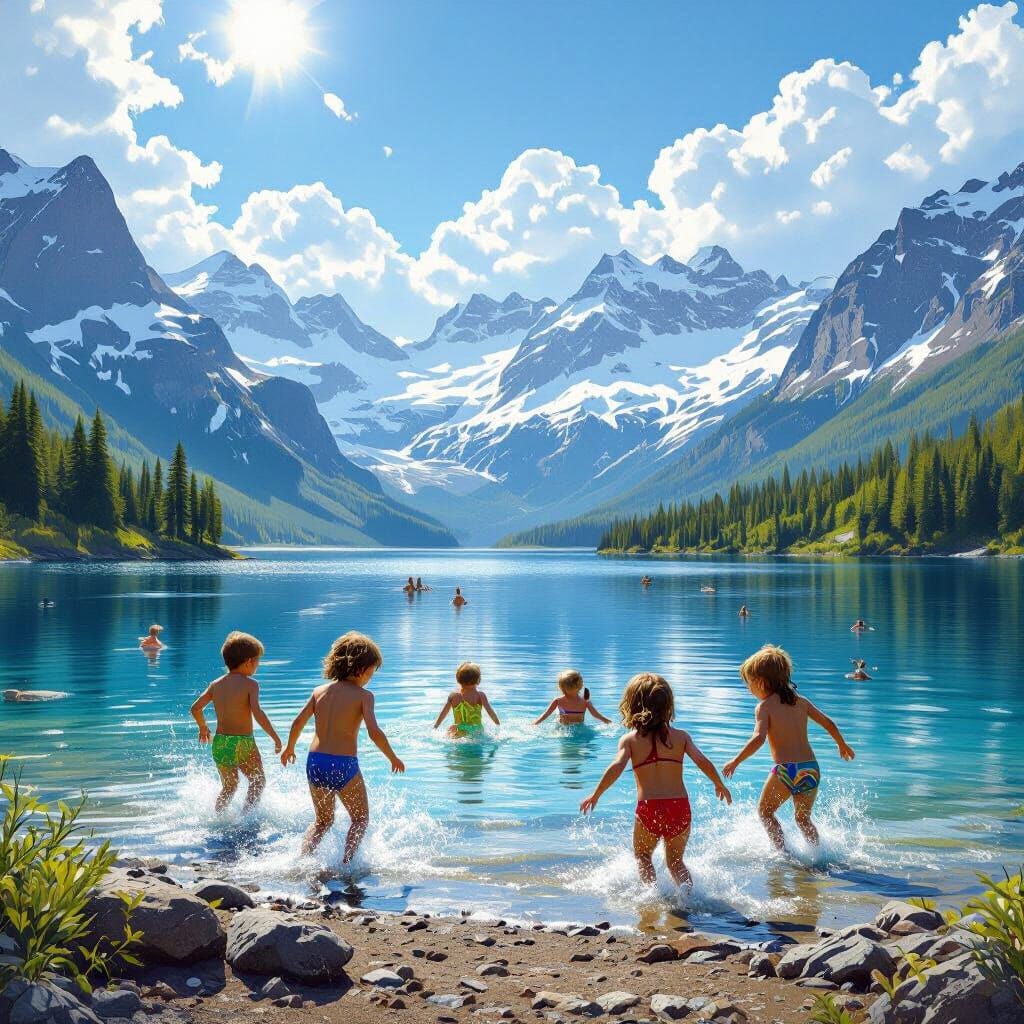 Children Play By Serene Alpine Lake, Reflecting Mountains