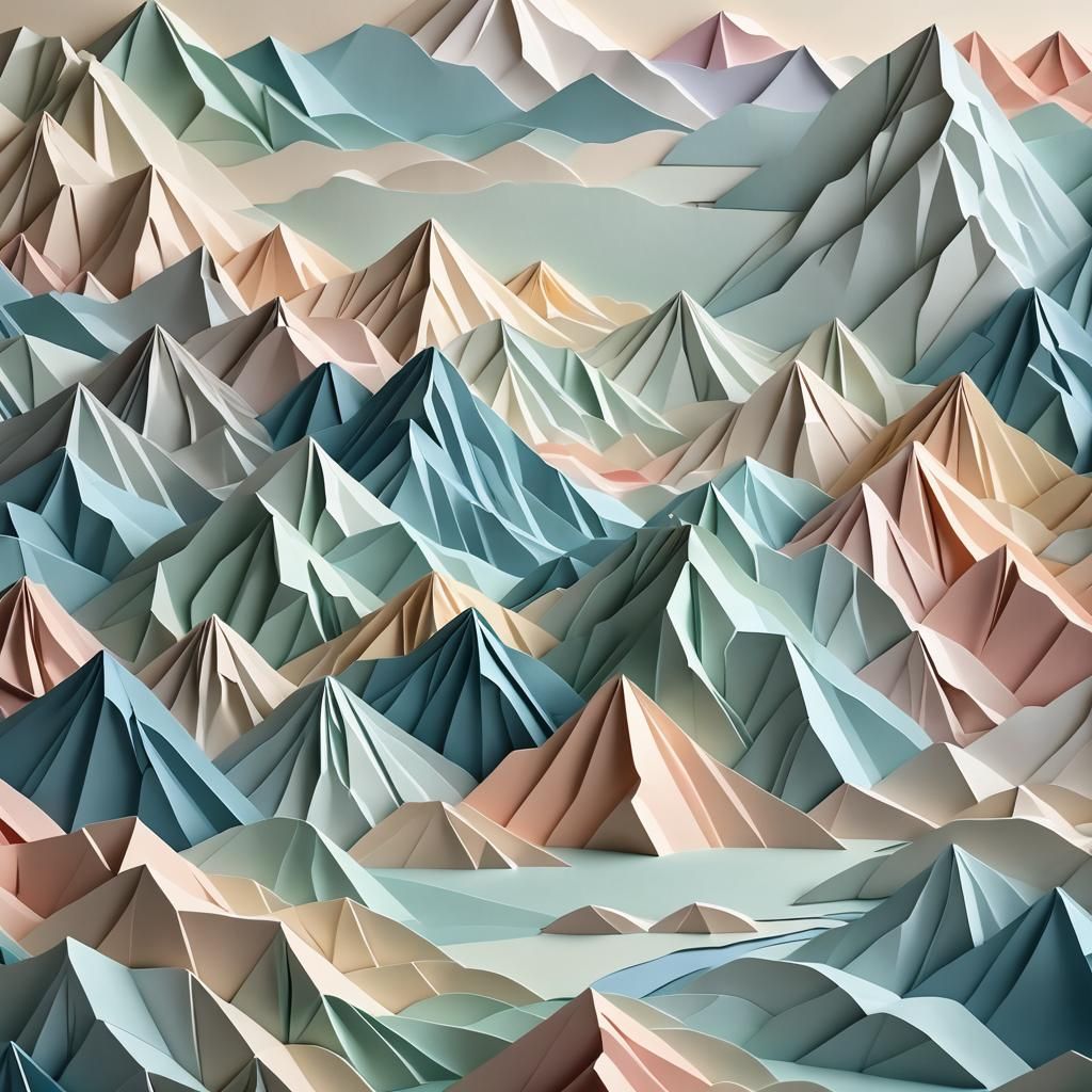 Delicate Paper Origami Mountains and Rivers in Soft Focus