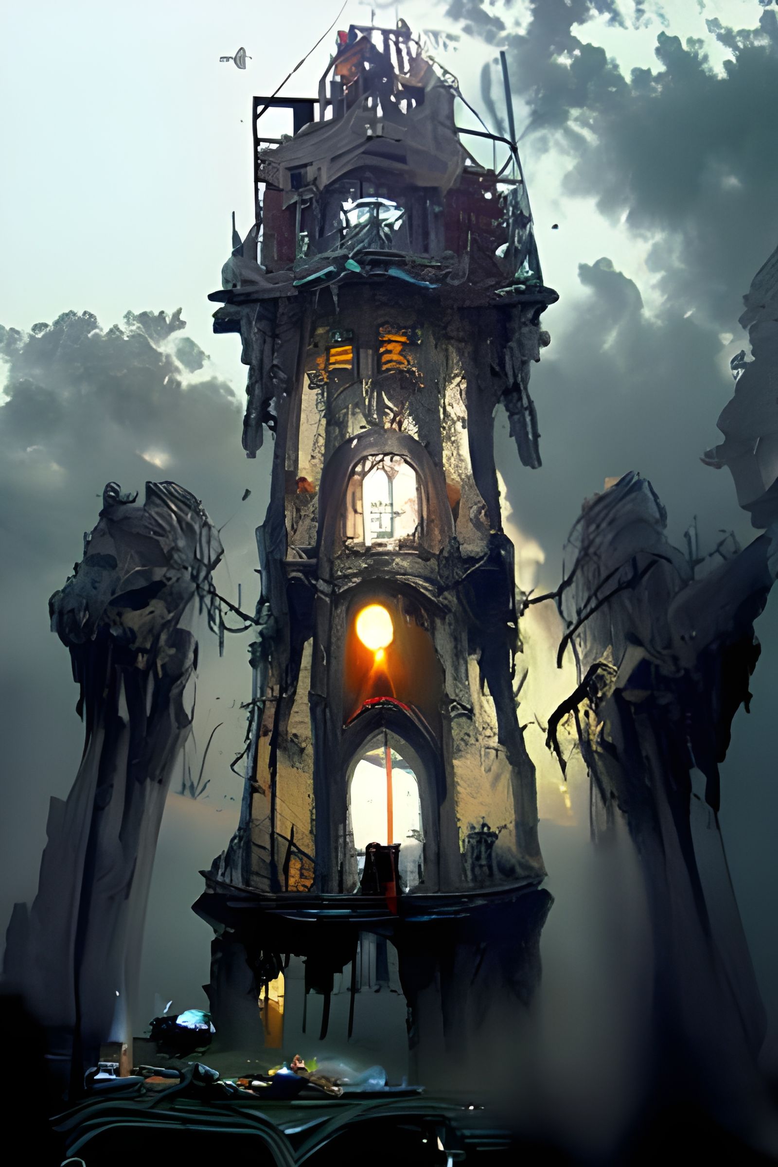 Cyberpunk Horror Clock Tower in Doom-Lit Hyperrealism