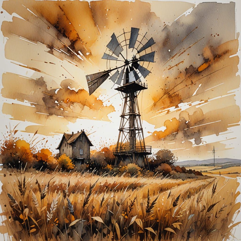 Rustic Windmill in Amber Autumn Landscape as Fine-Tuned Wate...