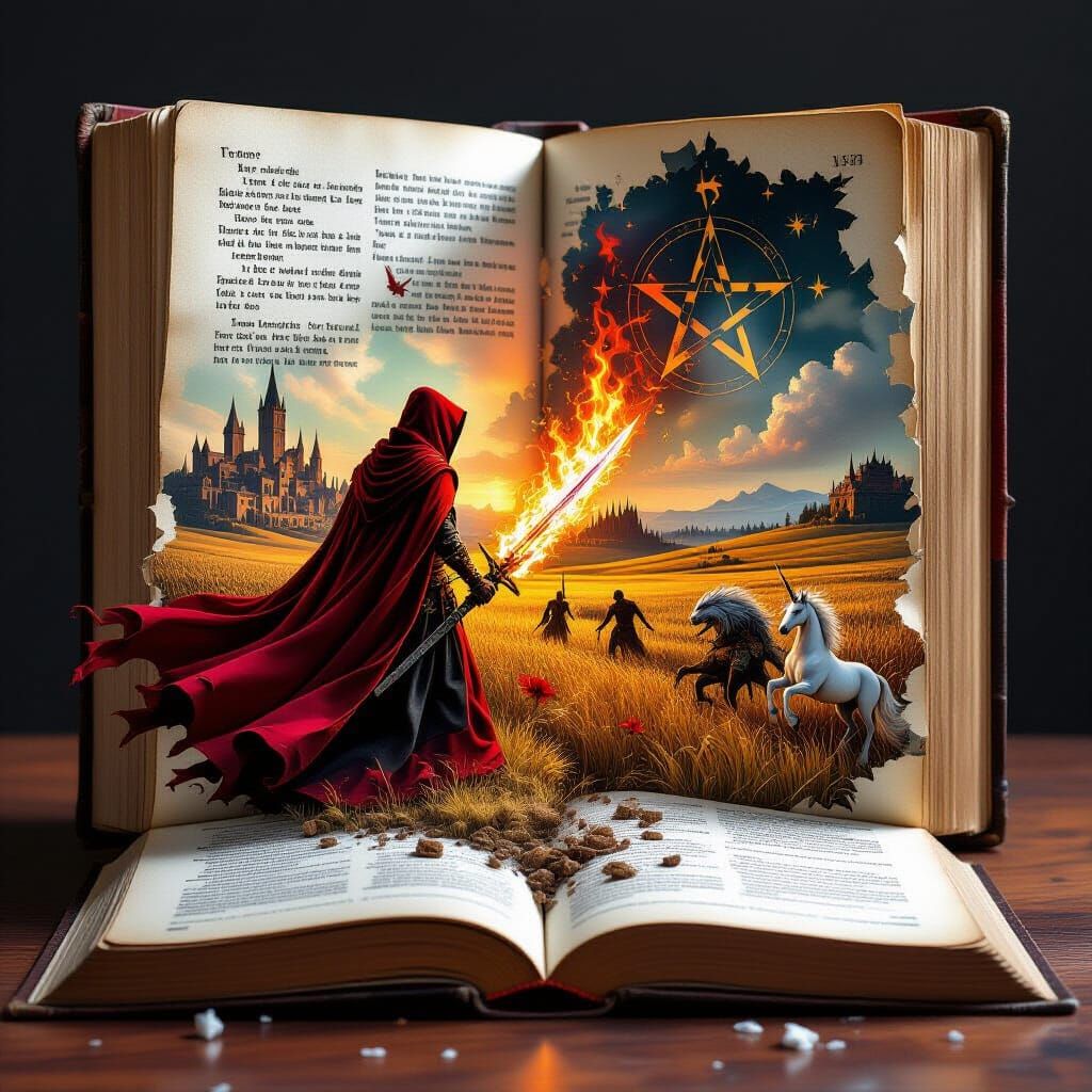 nano detailing, volumetric fractal drawing on the pages of a book, a hooded traveler in a long flowing scarlet cloak wit...