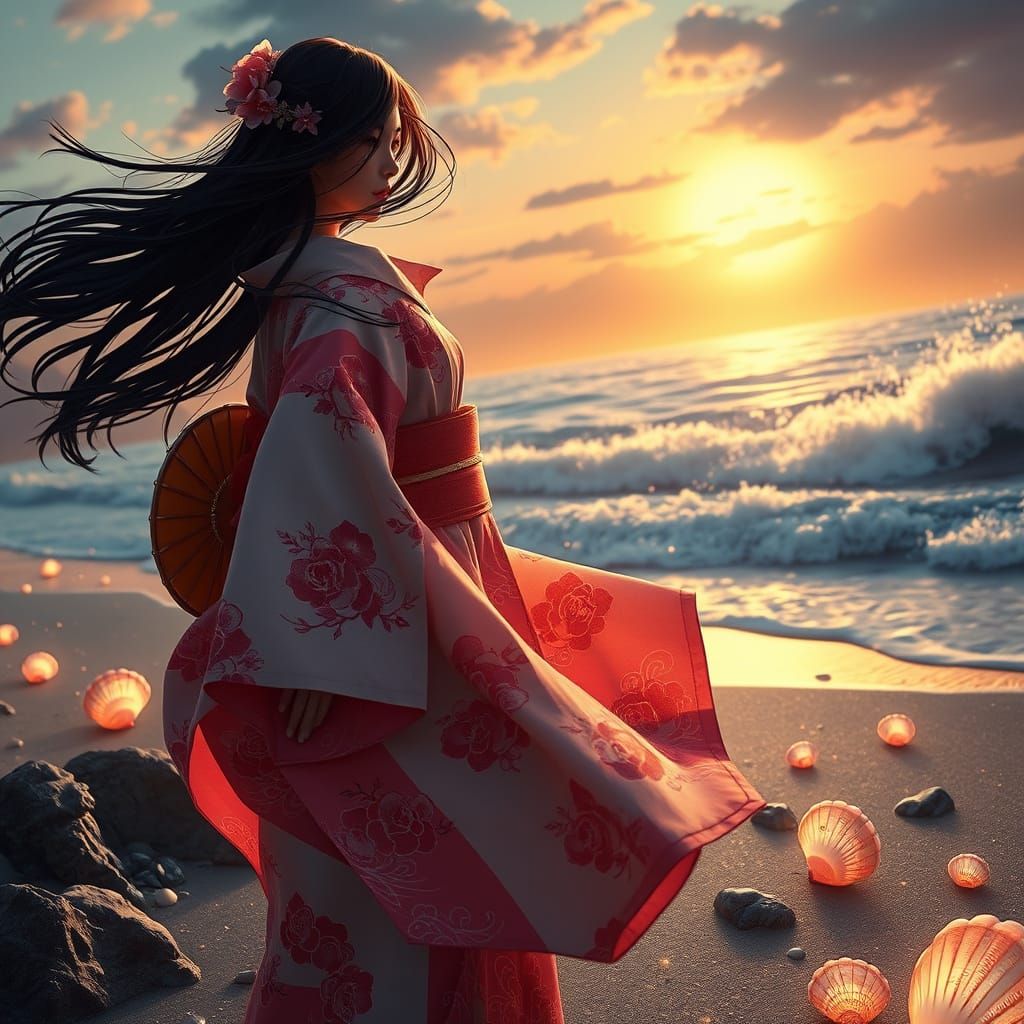 Traditional Japanese Woman Surrounded by Glowing Sea Creatur...