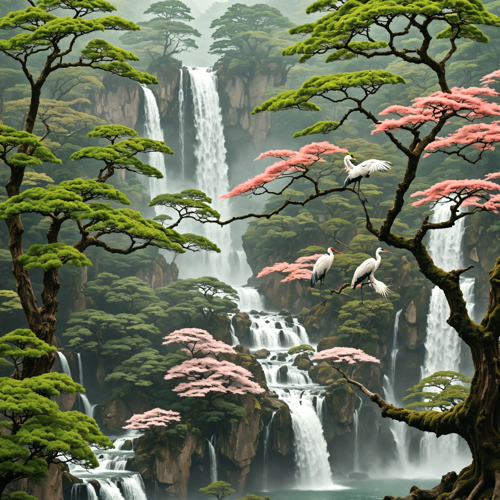 Serenity in Japan: A Crane's Haven Amidst Waterfall and Anci...
