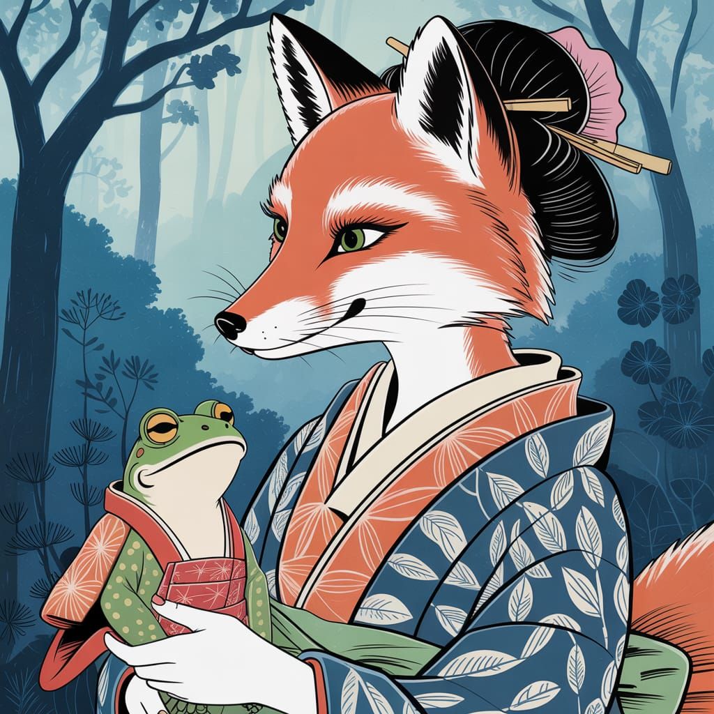 Ukiyo-e Fox Lady with Samurai Frog in Mystical Forest