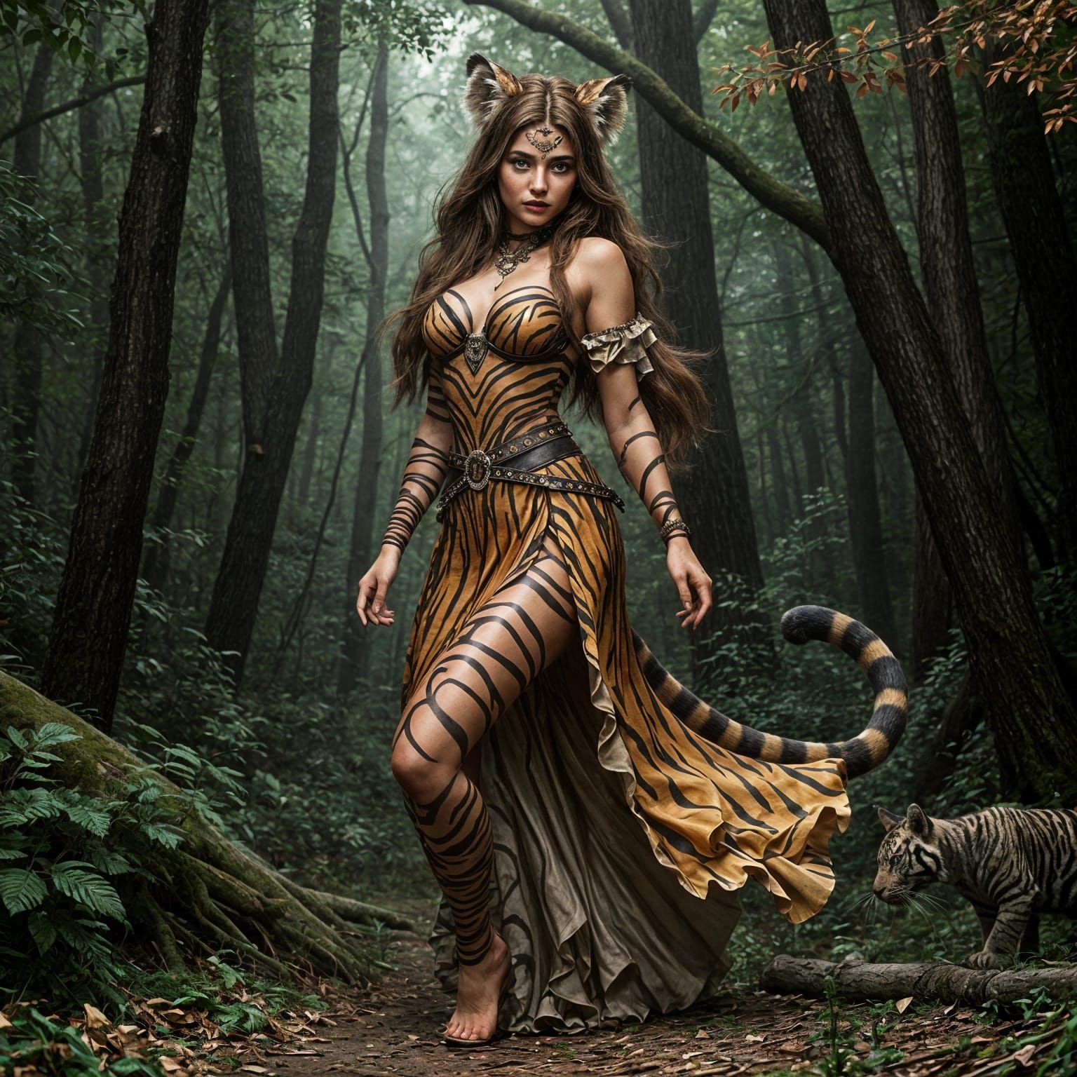 Woman Dressed as Tiger in Detailed Forest