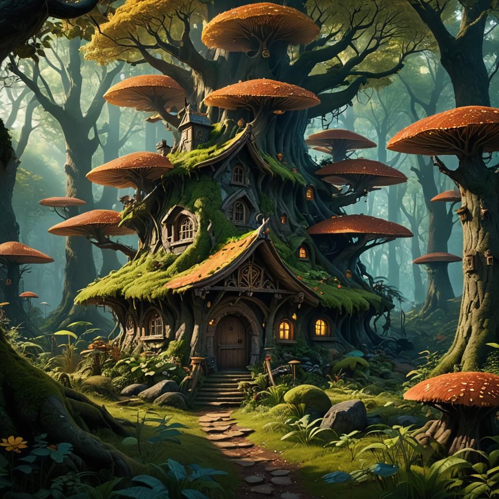 Whimsical Forest with Enchanted Fungal Tower