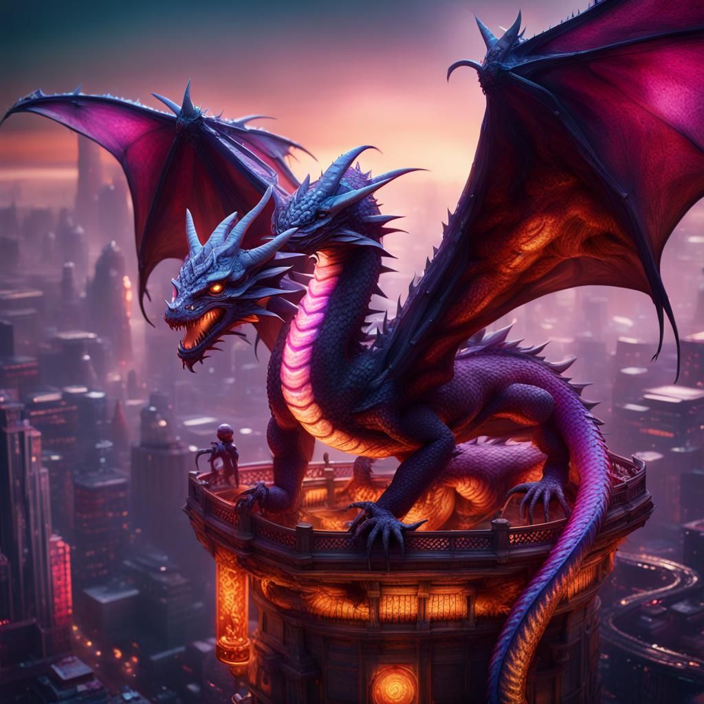 Surreal Cyberpunk Dragon Soars Amidst Neon Cityscape