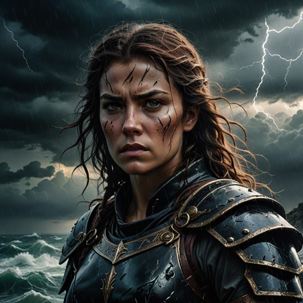 Mystical Female Warrior in a Stormy Landscape, Dark Fantasy ...