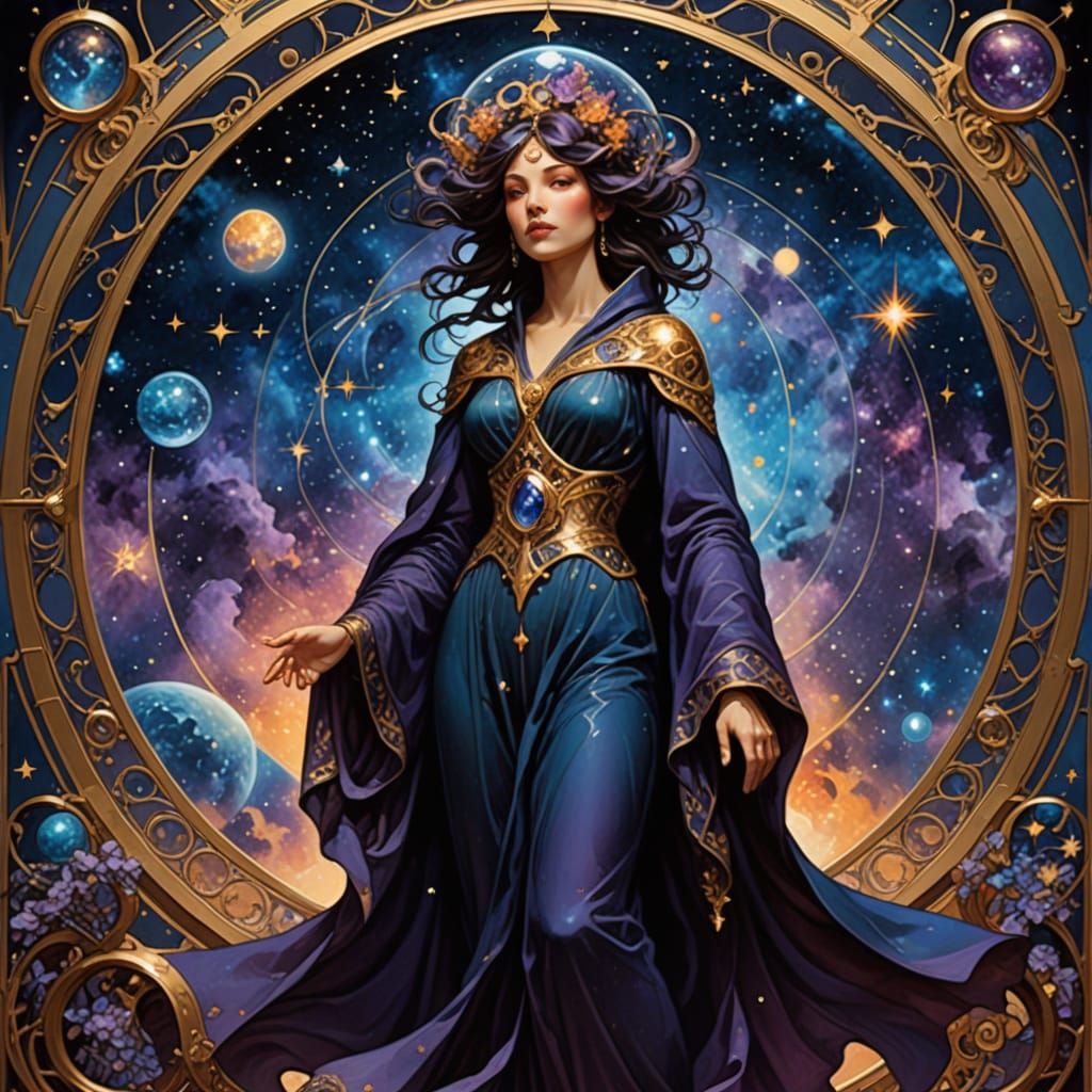 Celestial Librarian Curates Star Charts in Grand, Cosmic Lib...