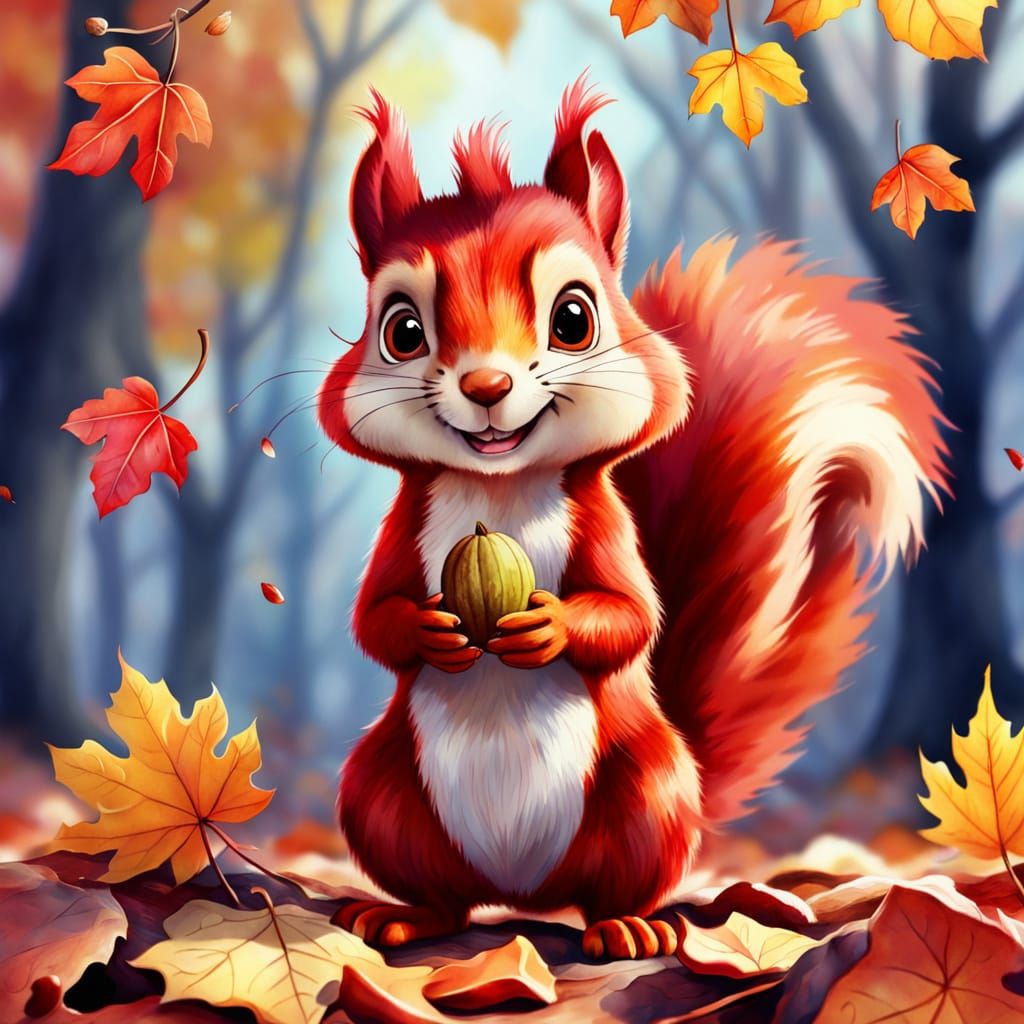 Red Squirrel with Nut: Watercolor Autumn Animation