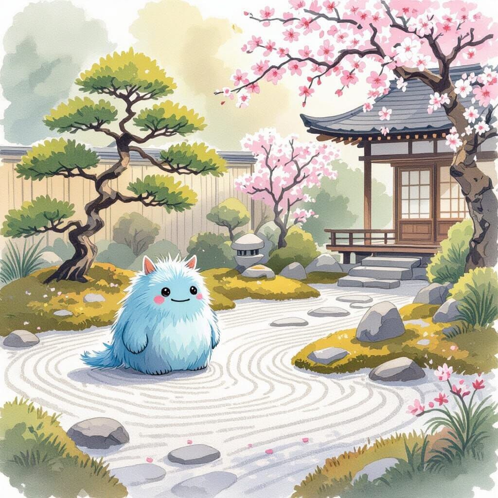 Fluffy Monster in Japanese Zen Garden Watercolor