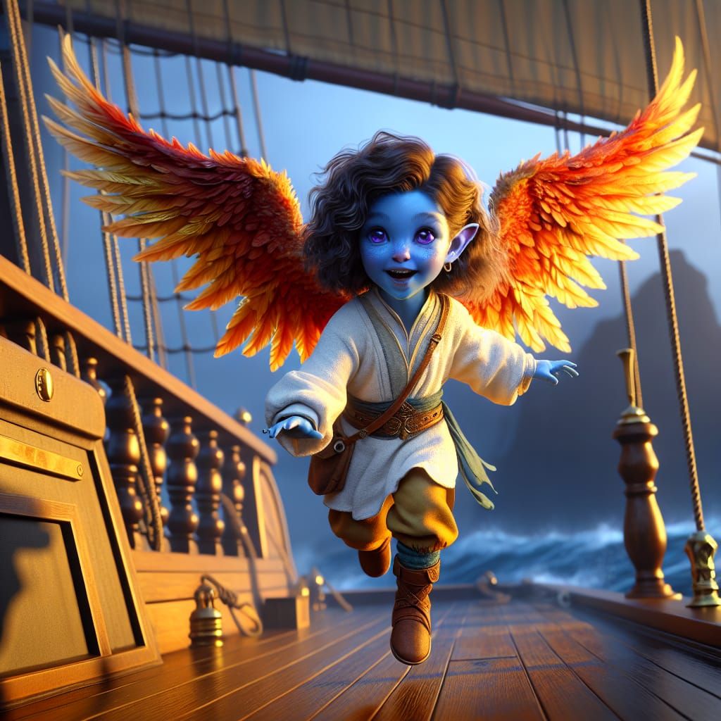Half-Drow Girl Soars on Phoenix Wings in Fantastical Maritim...