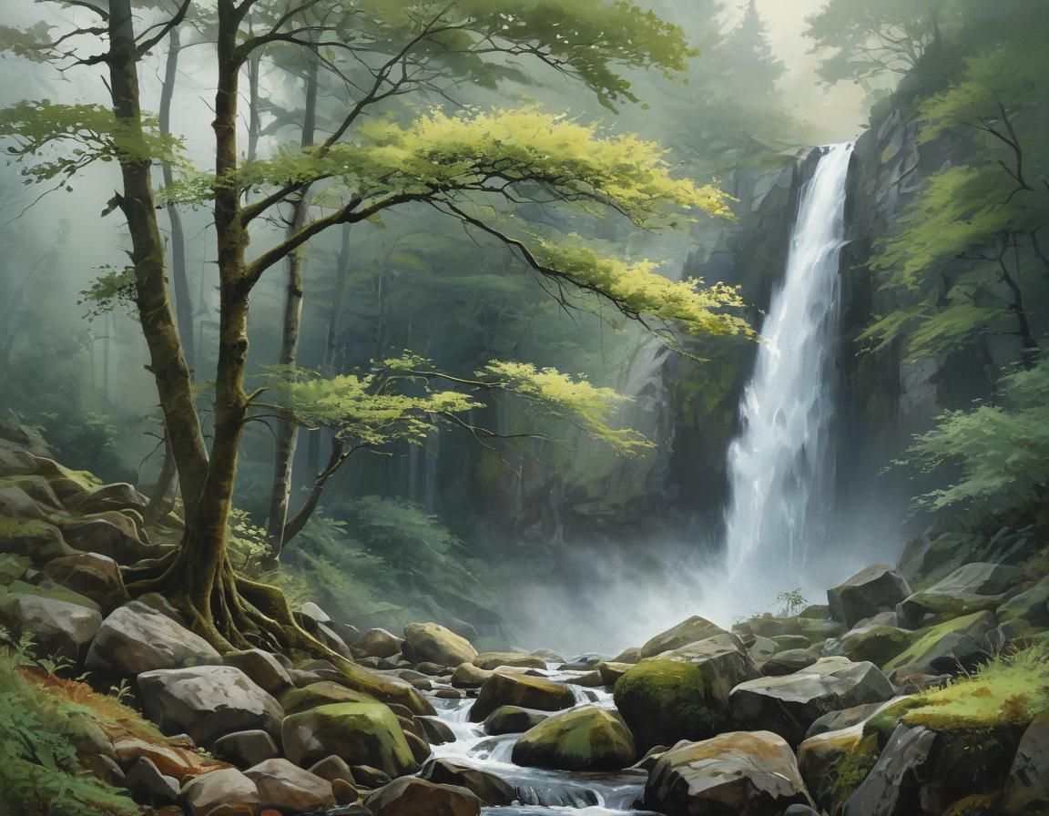 Watercolor Landscape of a Serene Waterfall in a Foggy Valley