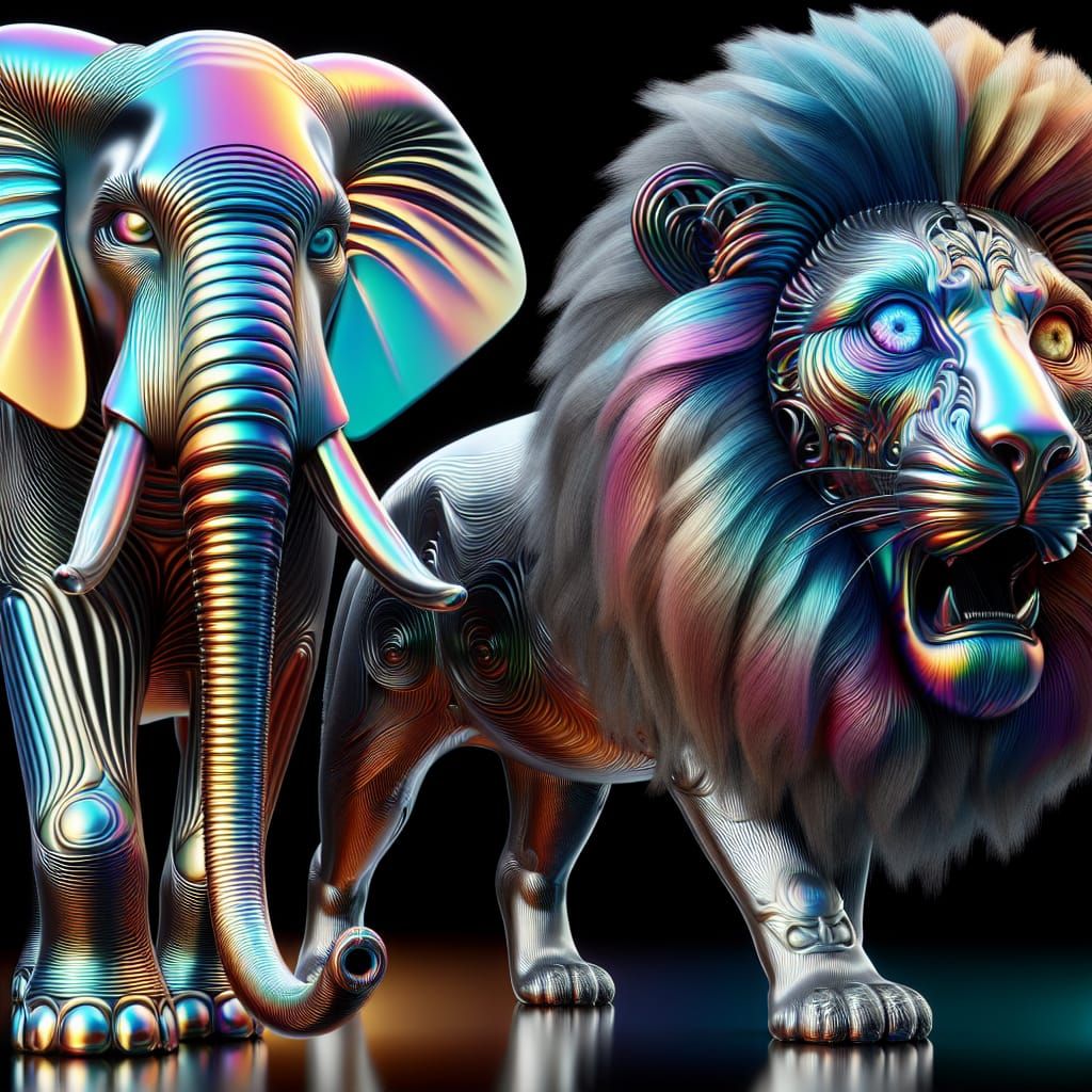 Surreal Rainbow Chrome Elephants and Lion in Intricate 8K Hi...