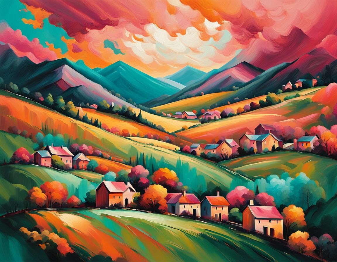 Vibrant Expressionist Valley Scene with Dreamlike Mountains