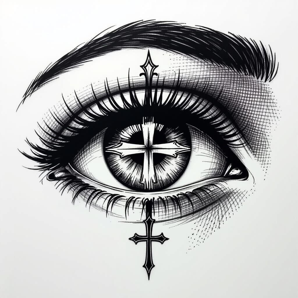 Black Ink Tattoo Sketch of Woman's Eye with Cross Iris