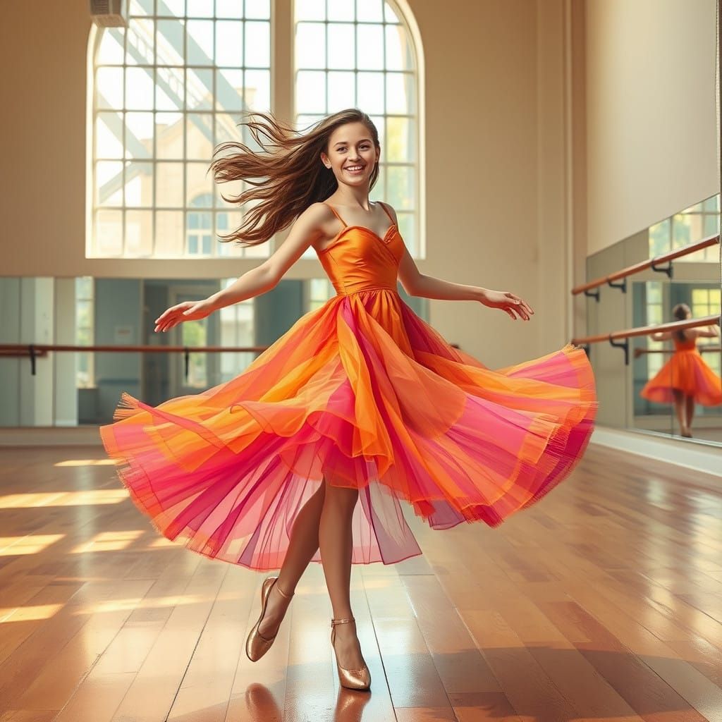 Joyful Ballerina Dancing in Sunlit Studio