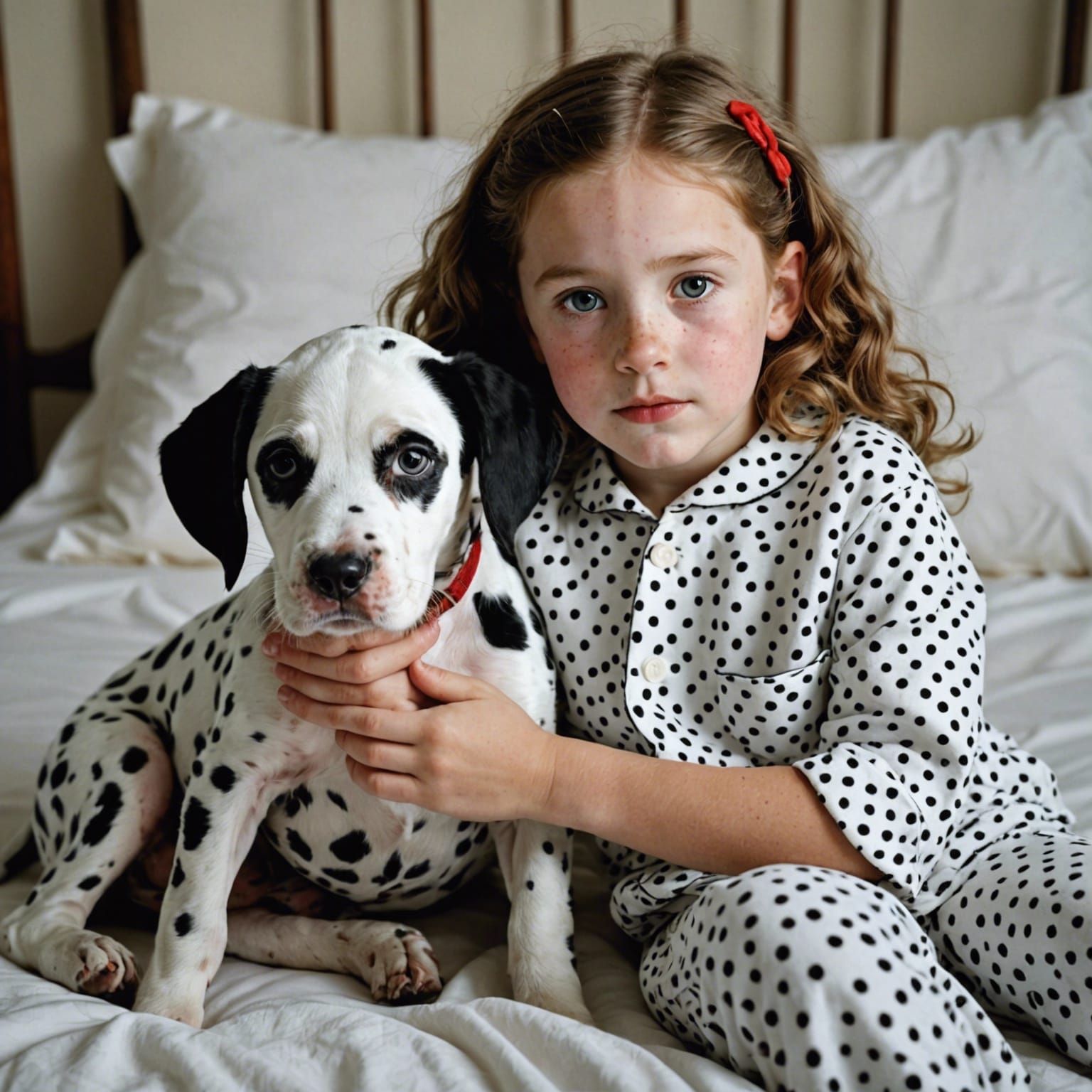 Whimsical Girl Holds Dalmatian Puppy in Colorful Spotted Paj...