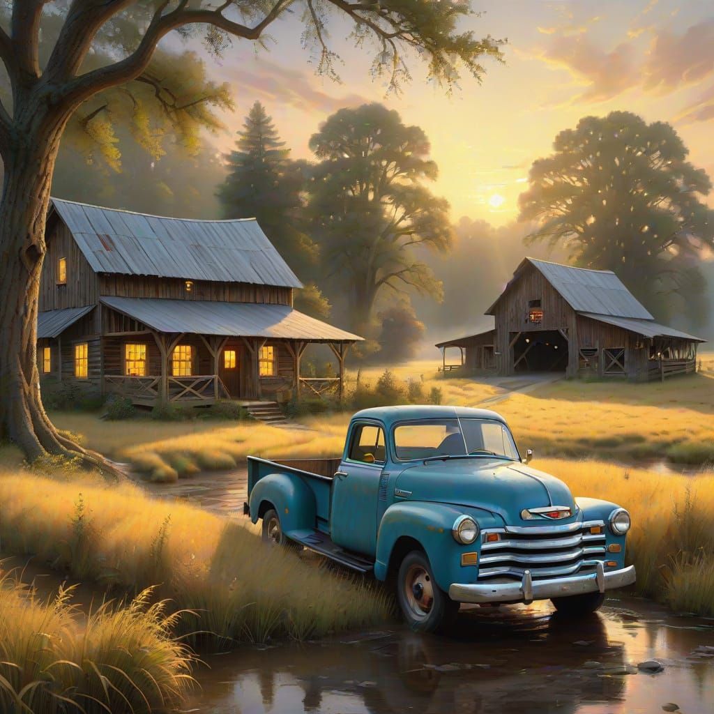 Idyllic Golden Hour: Chevy Truck in Thomas Kinkade Style