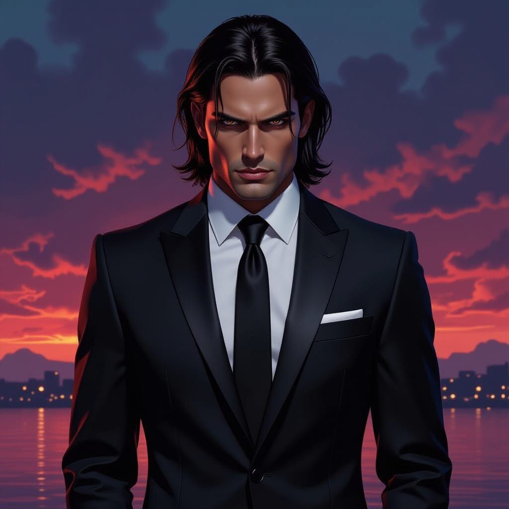 Sinister Man in Black Suit: Hyperrealistic Splash Art