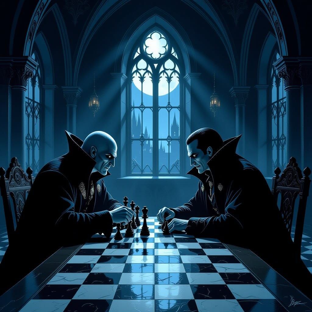 Vampire Lords Nosferatu and Dracula Play Chess in Castle