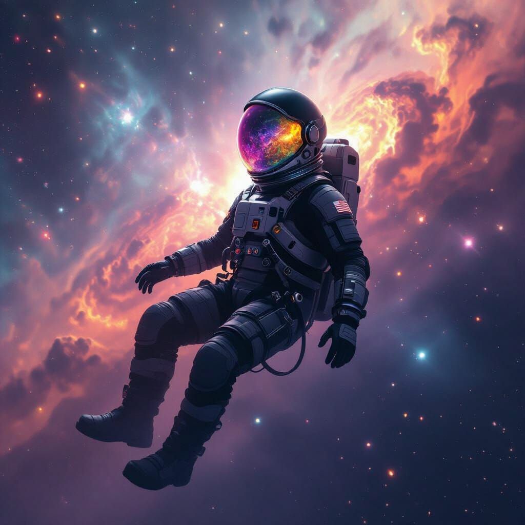 Astronaut Adrift in Vibrant Nebula, Cosmic Dust, and Stars