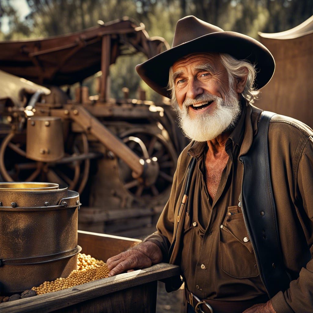 Old Miner Smiles with Cowboy, Photorealistic Scene