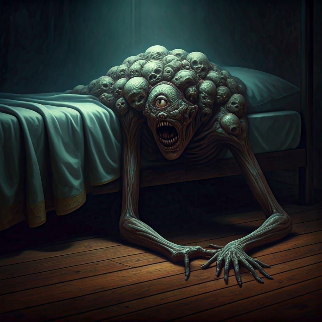 Grotesque Nightmare Creature Lurks Beneath the Bed in a Plac...