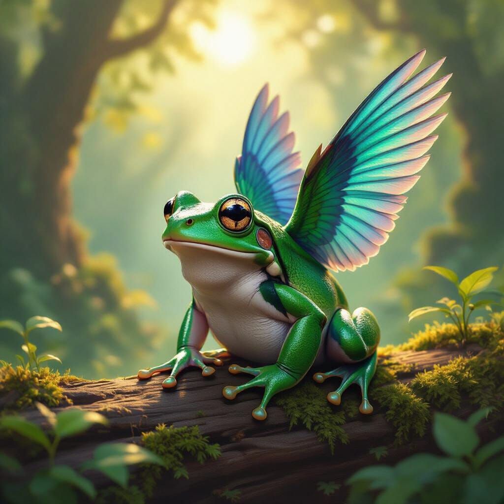 Frog with Iridescent Bird Wings in Sun-Dappled Forest