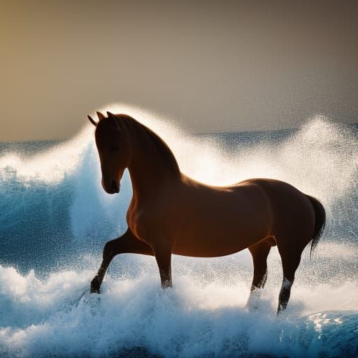 A Horse Rides the Wave in a Sunny Beach Scene, Captured in V...