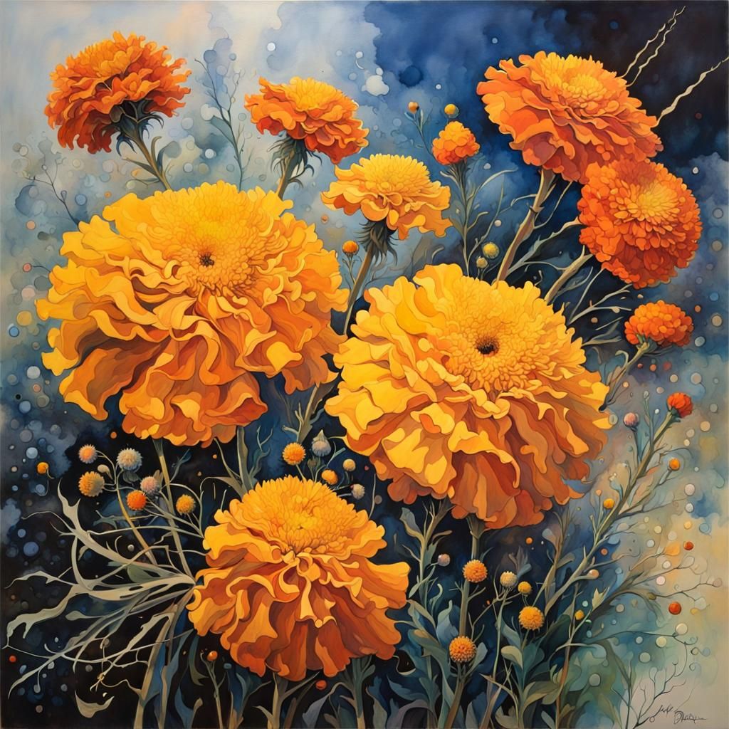 Vibrant Marigold Blooms in Whimsical Post-Impressionist Styl...