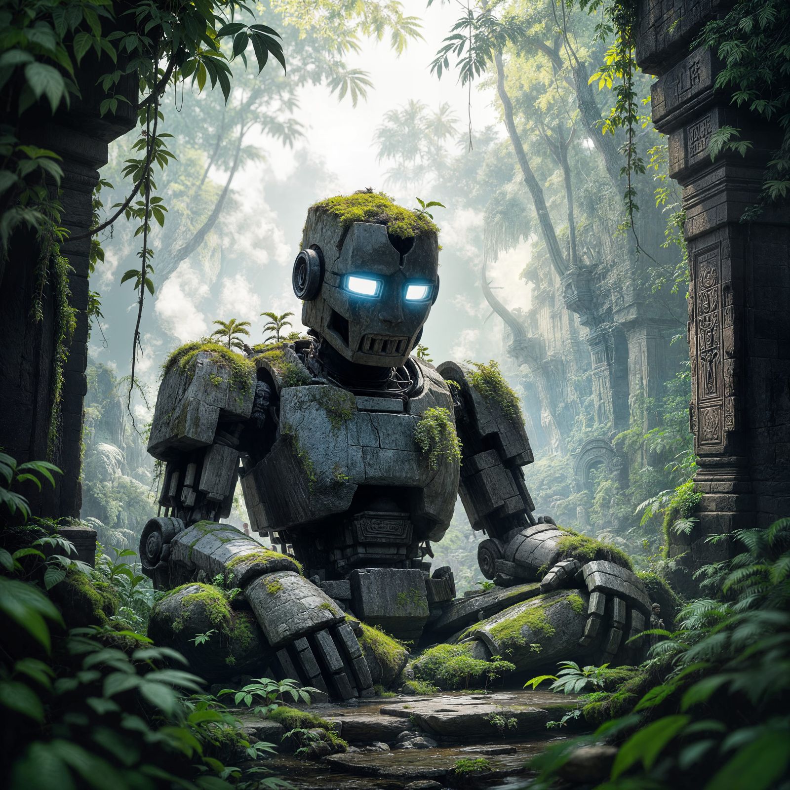 Moss-Covered Robot in Jungle Temple, Japanese Ink Wash Style