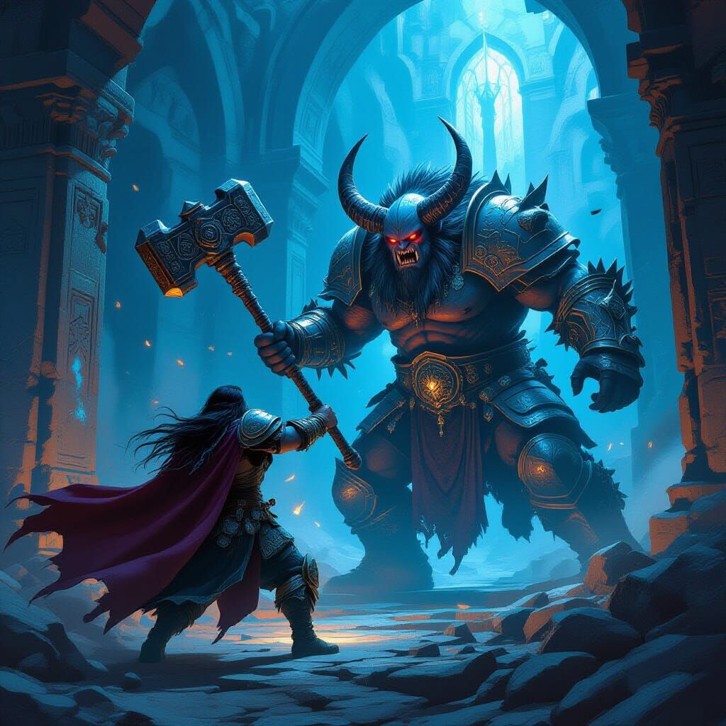 Dwarf Warrior Battles Demon in Ancient Ruins