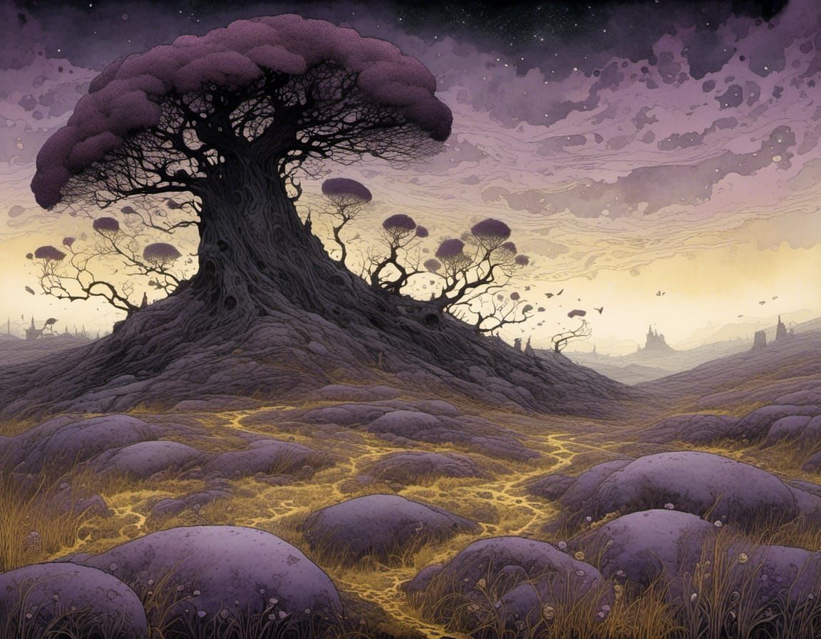 Violet Mist over the Moor: Dark Fantasy Illustration