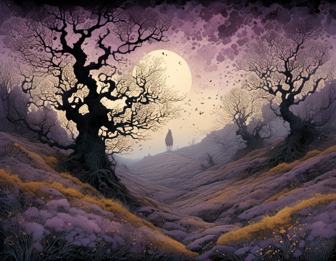 Mystical Violet Mist Unfolds Over the Moor in Intricate Deta...