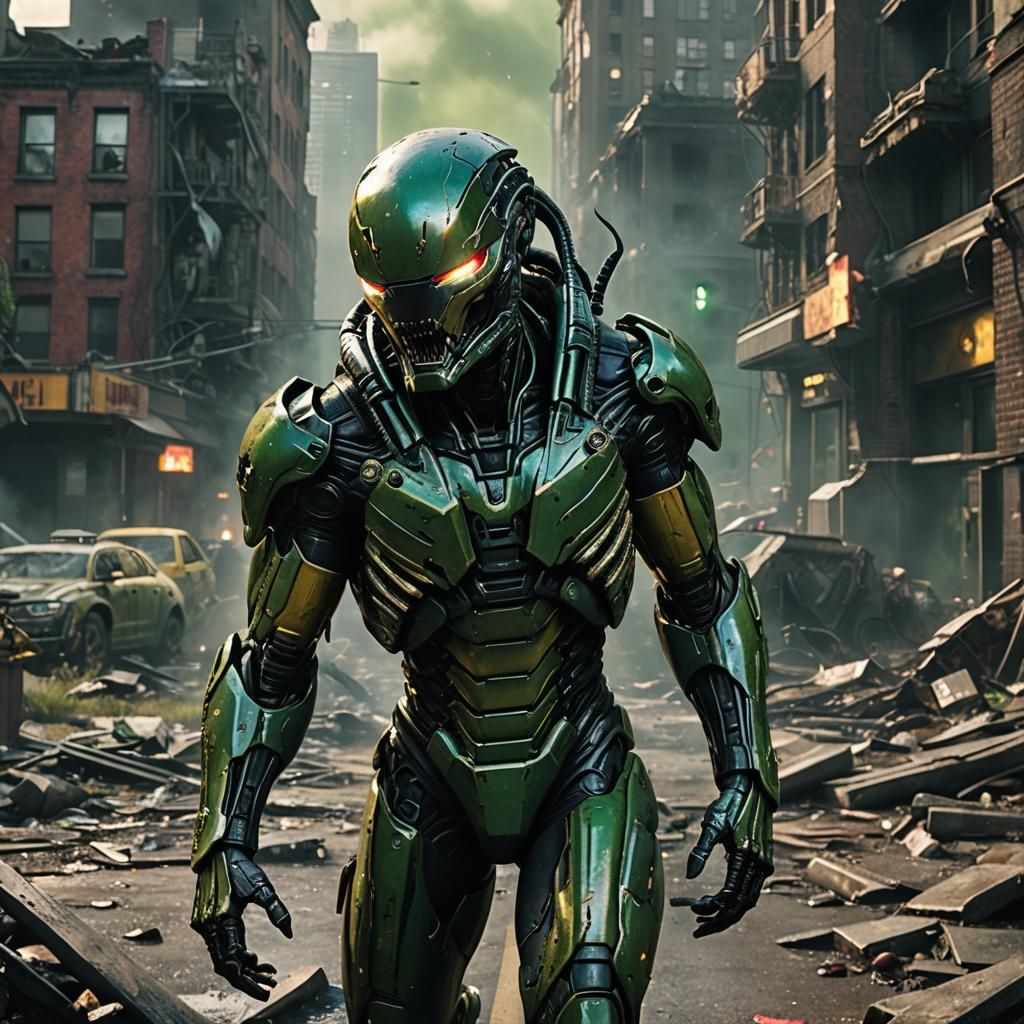 Cyberpunk Iron Man Battles Xenomorph in City Ruins