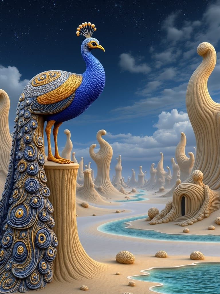 Majestic Peacock Amidst Ancient Desert Ruins in Ethereal Spl...