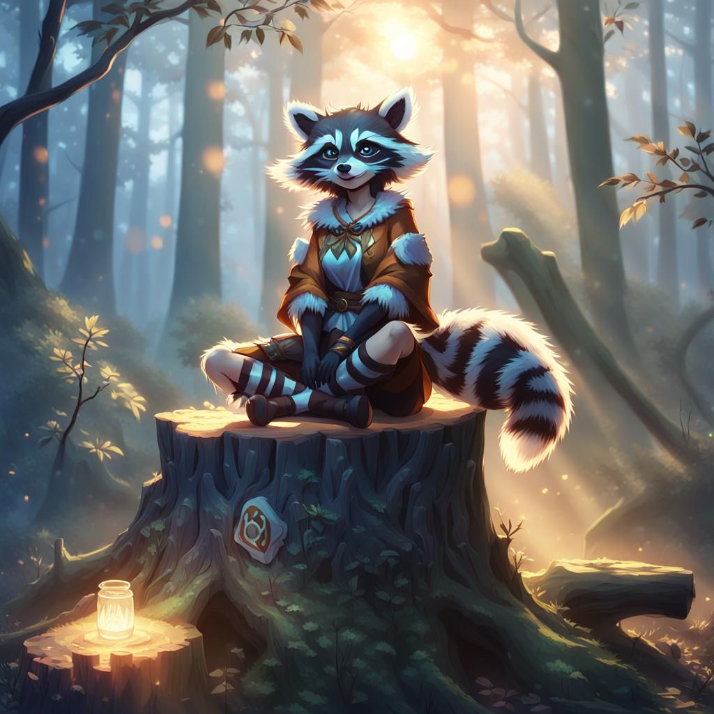 Surreal Anime Raccoon Goddess Sits on a Misty Forest Tree St...