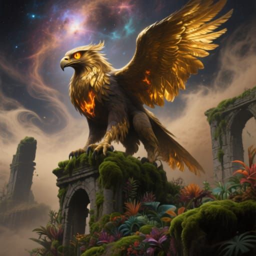 Golden Griffin Perched on Ancient Ruin