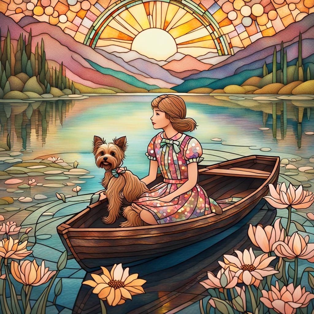 Whimsical Stained Glass Art Girl on a Serene Lake