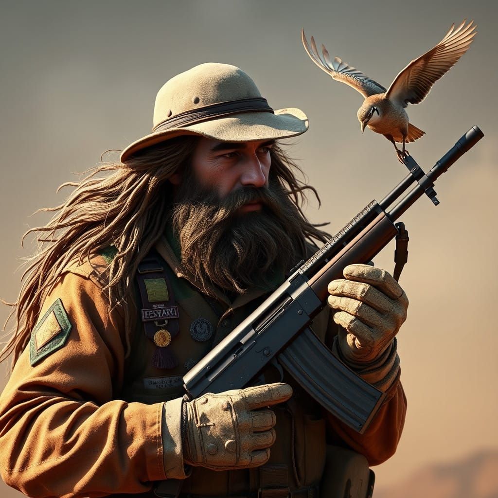 Battle-Scarred Warrior in Tattered Uniform, Long Hair, and B...