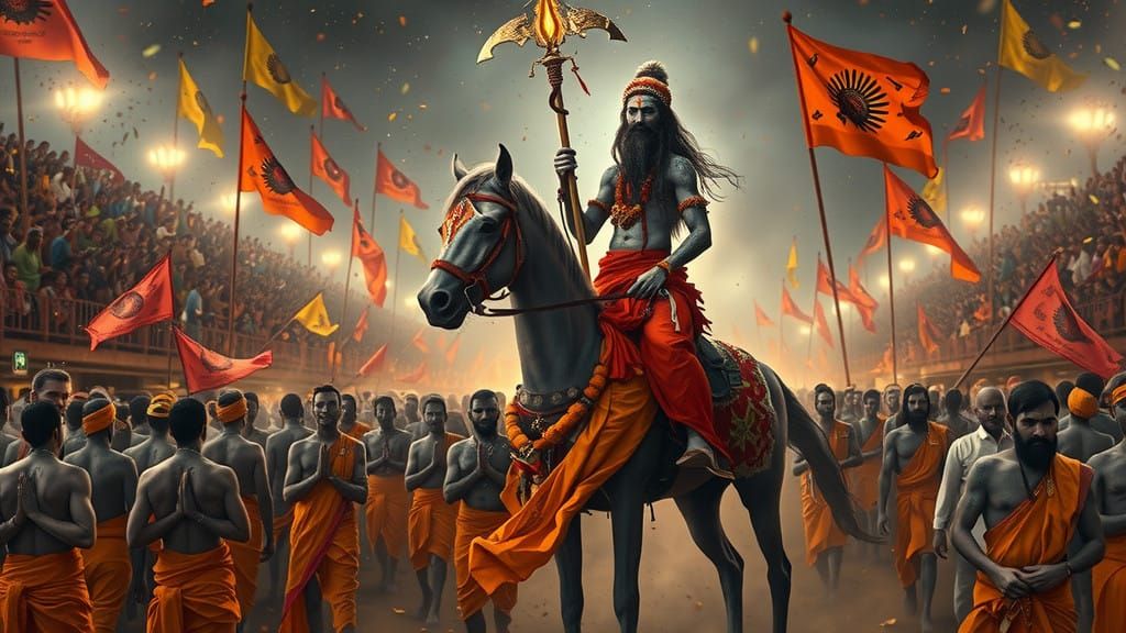 Surreal Festival Scene with Naga Sadhu on Decorated Horse in...